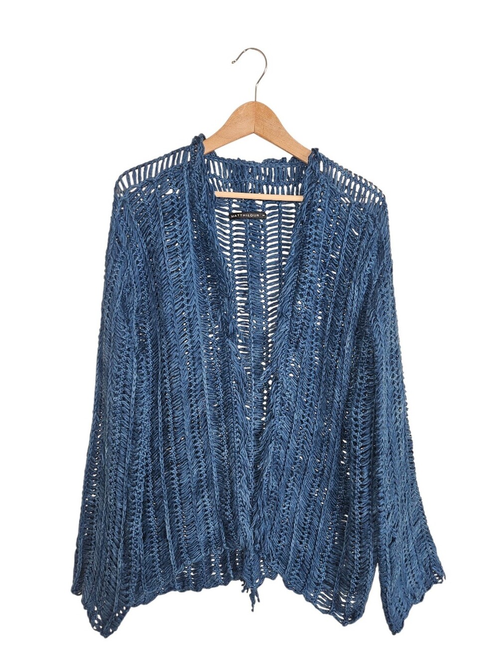 Matthildur Women's Open-Knit Blue 100% Pima Cotton Fringe Cardigan Sweater S